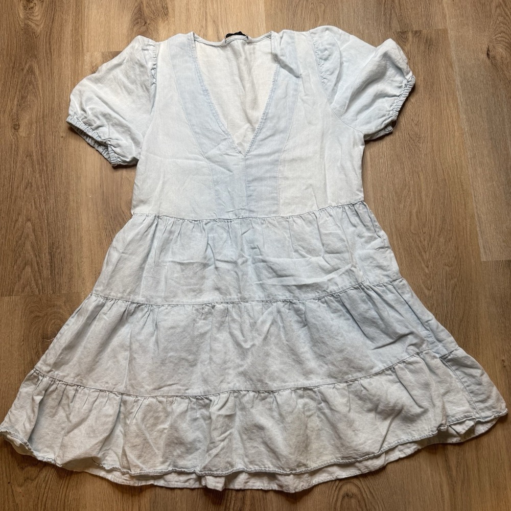 Zara Cotton Linen‎ denim Tiered Mini Blue dress S